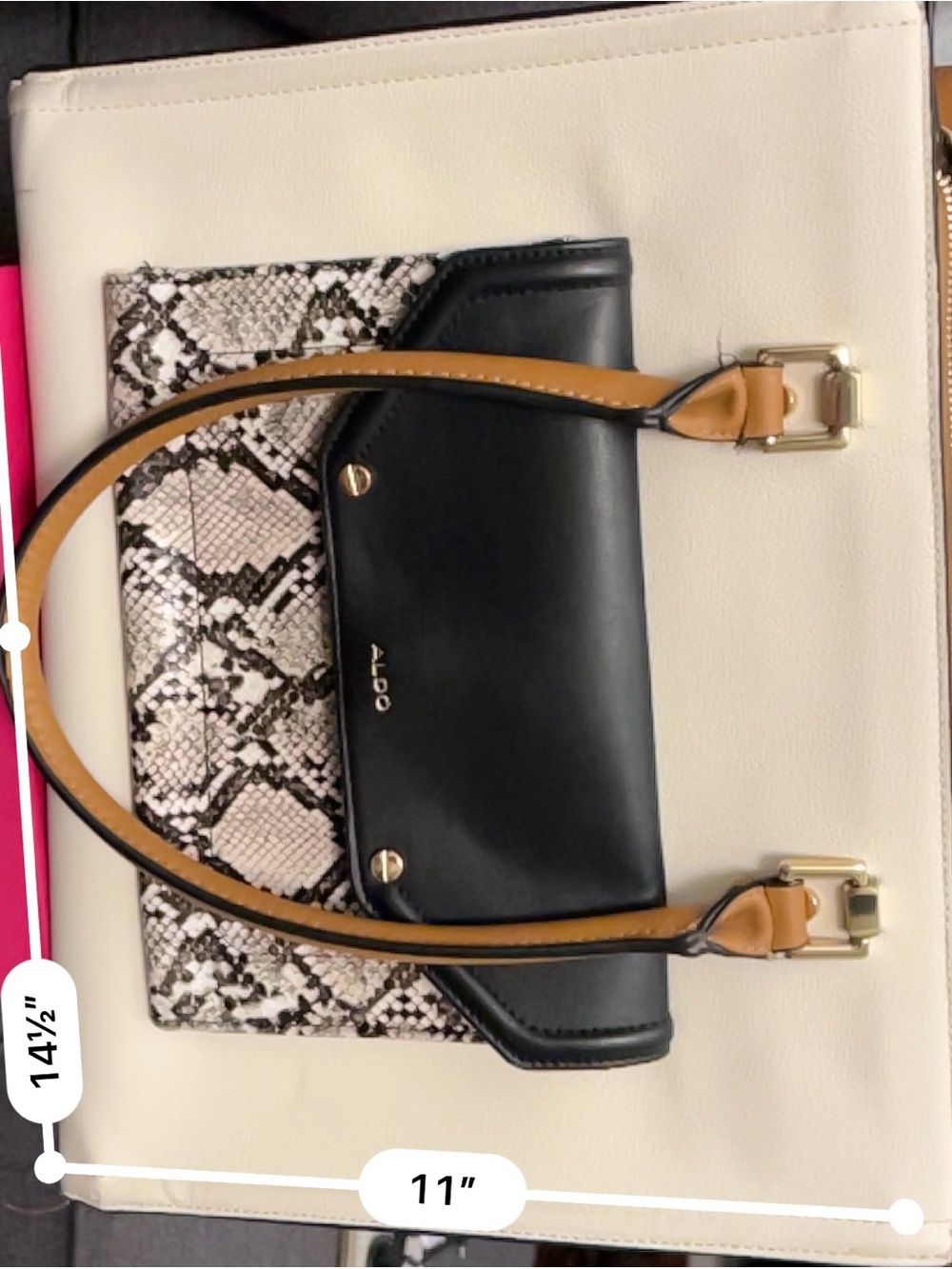 ALDO Colorblock Executive Tote Bag | Cream, Cognac & Black Faux Snakeskin Pocket - Picture 2 of 12